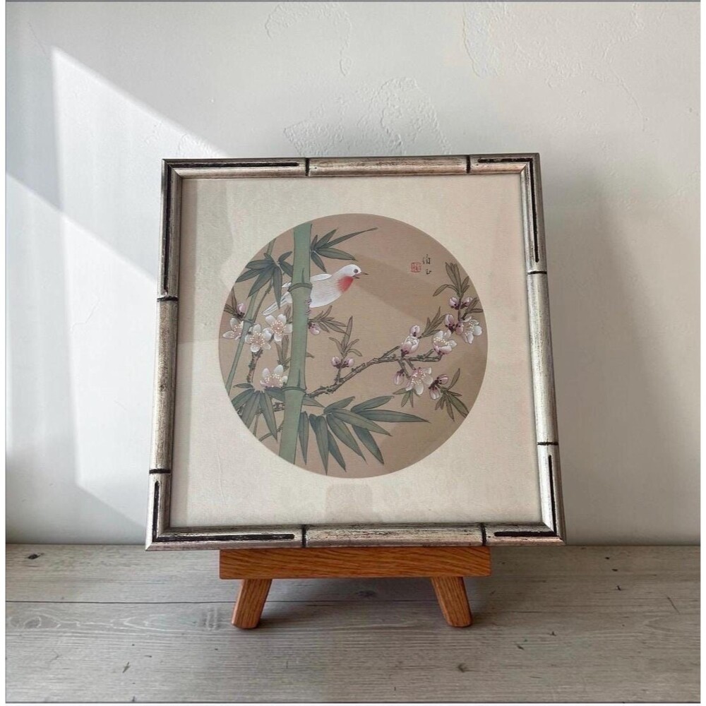 Vintage Chinese Silk Painting Bird & Blossoms Bamboo Frame Chinoiserie Wall Art